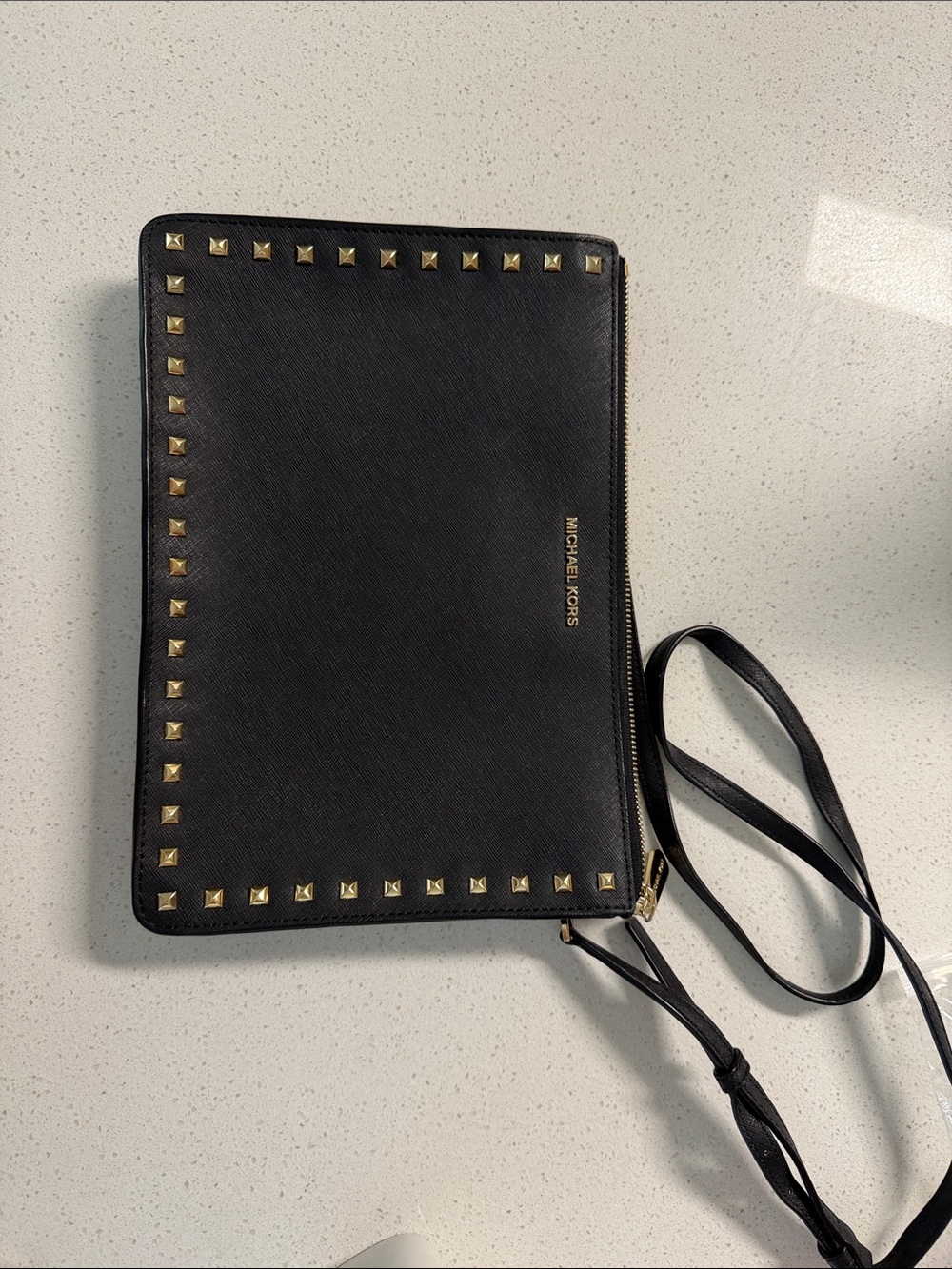 Michael Kors Black Leather Studded Wristlet Clutch with Gold Accents